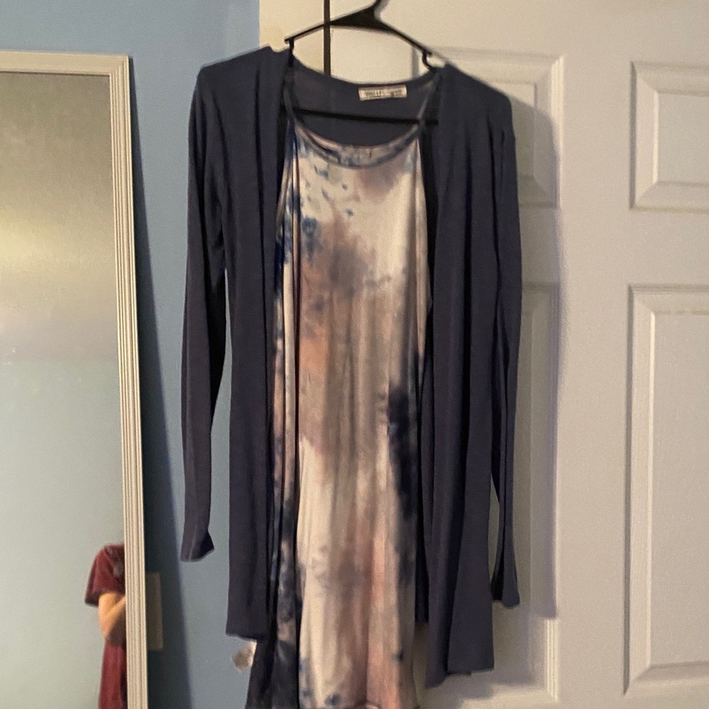 Blue Cardigan with Tie-Dye Dress